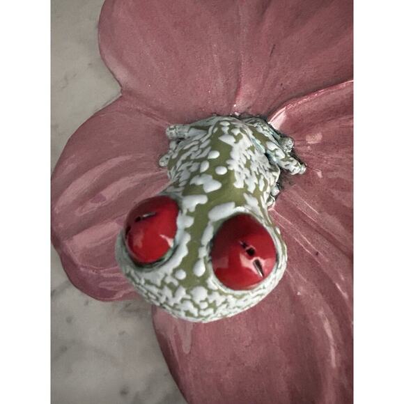 Frog Pink Flower Hanging Wall Decor Lid Hand Made Pottery Leaf Tree Frog Red Eye - Picture 14 of 16